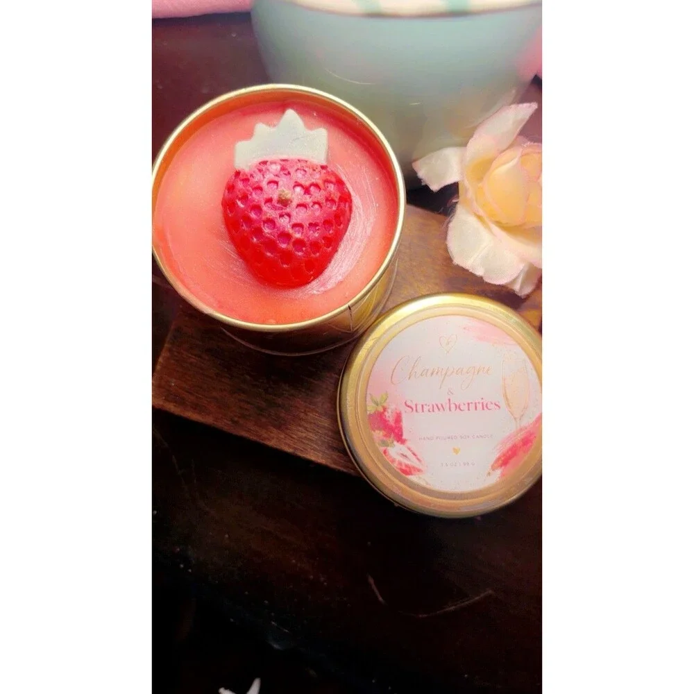 Beautiful Handmade Soy Candle Strawberry & Champagne Scented In Gold Tin Glitter